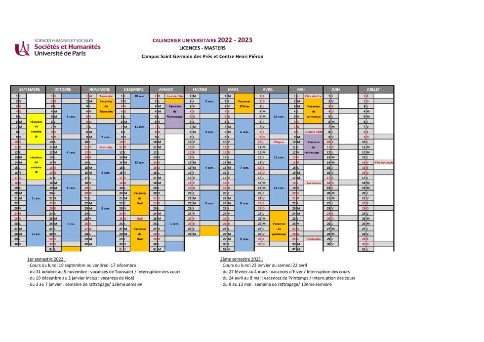 Calendrier universitaire | UFR des Sciences Humaines et Sociales