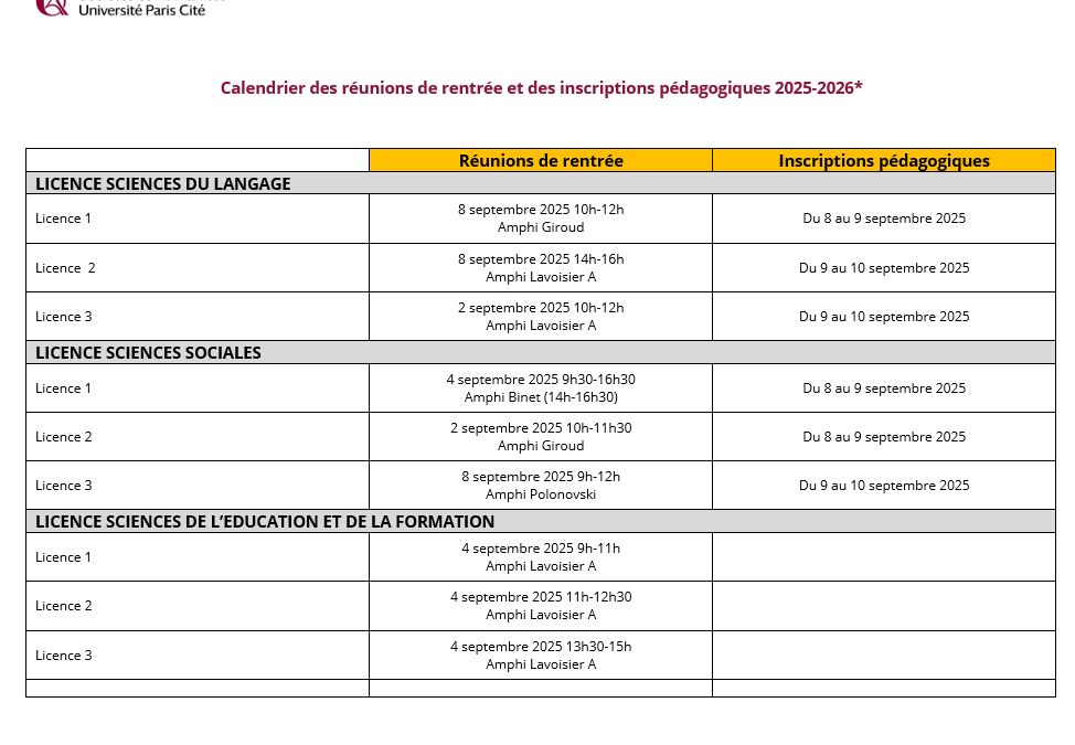 Retrouvez les dates de vos pré-rentrées et de vos inscriptions pédagogiques