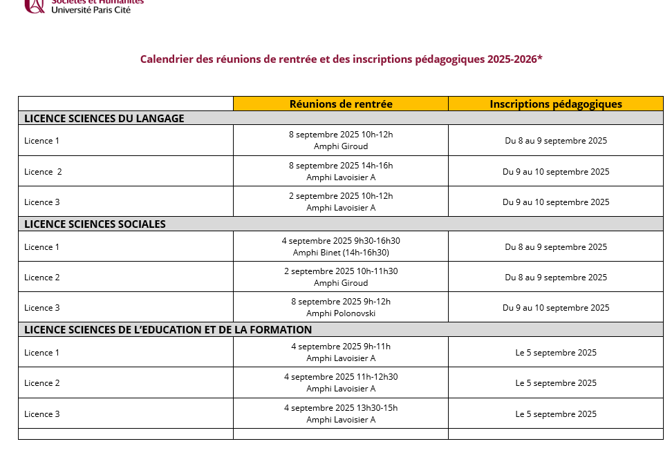 Retrouvez les dates de vos pré-rentrées et de vos inscriptions pédagogiques