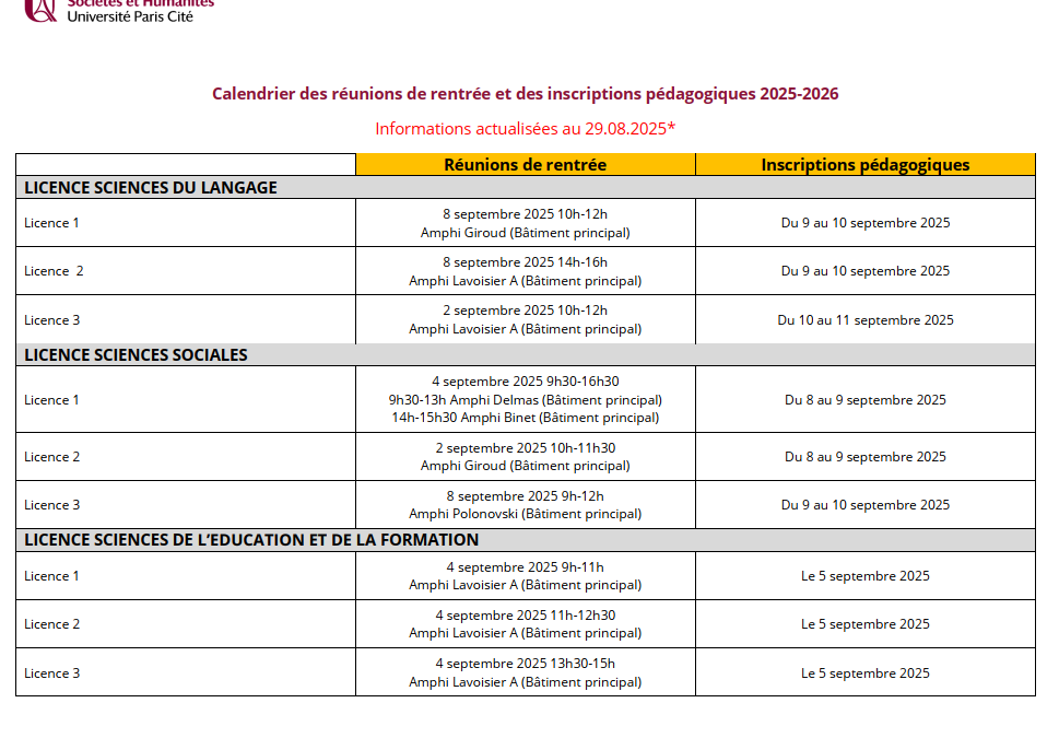 Retrouvez les dates de vos pré-rentrées et de vos inscriptions pédagogiques