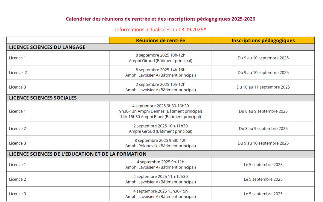 Retrouvez les dates de vos pré-rentrées et de vos inscriptions pédagogiques
