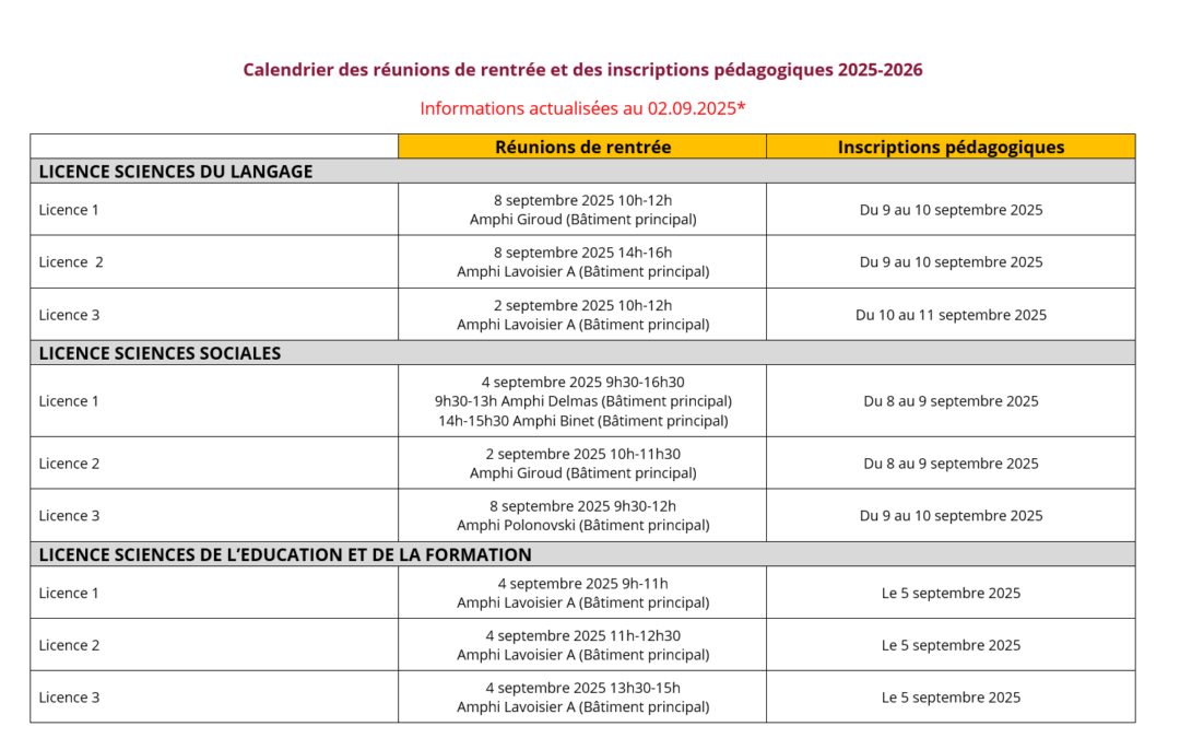 Retrouvez les dates de vos pré-rentrées et de vos inscriptions pédagogiques